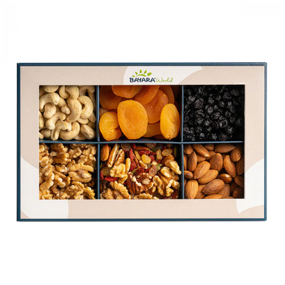 Assorted Dried Fruits & Nuts 650g - 2 A Bayara Assorted Dried-Fruits & Nuts 650g premium gift box with six compartments containing cashews, apricots, berries, walnuts, a fruit/nut mix, and almonds.