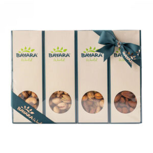 A gift set of four Bayara window boxes containing Bayara Assorted-Nuts 600g tied with a teal ribbon.