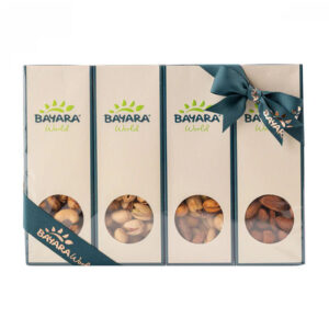 An elegant 4-pack gift box of Bayara Assorted Nuts featuring a teal ribbon bow and clear windows showing roasted nuts.