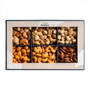 A 600g Bayara Assorted Roasted-Nuts gift box showing six compartments of various roasted nuts like pistachios, cashews, and almonds.