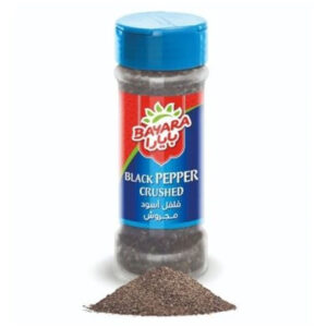 A 100ml shaker bottle of Bayara Crushed Black Pepper showing the coarse grey spice grains for beef steak 100ml (50g)