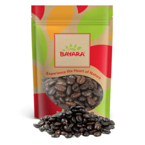 A 250g vibrant pouch of Bayara Braziliano Turkish Coffee Dark showing dark-roasted coffee beans through a clear window.