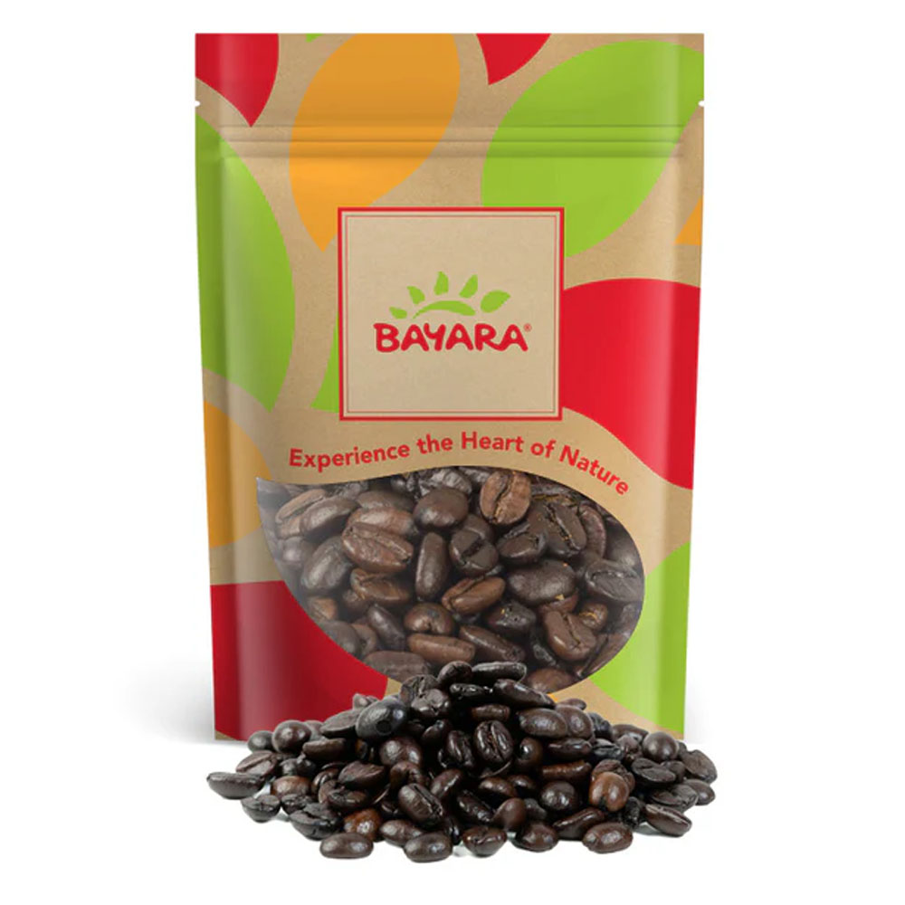 Braziliano Turkish Coffee Dark 250g A 250g vibrant pouch of Bayara Braziliano Turkish Coffee Dark showing dark-roasted coffee beans through a clear window.