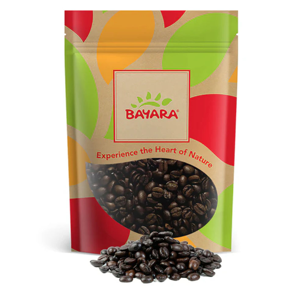Braziliano Turkish Coffee Medium 250g A 250g vibrant pouch of Bayara Braziliano Turkish Coffee Medium showing a pile of roasted coffee beans in a clear window.