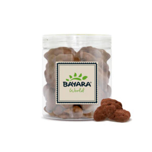 A 300g clear jar of Bayara Cacao Powder Chocolate Coated Pecans showing dark, dusted cocoa pecans next to the container.