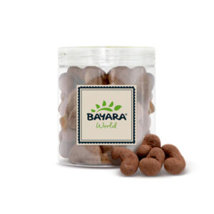 A 300g clear jar of Bayara Cacao Powder Coated Cashews showing whole cashews dusted in dark cacao powder.