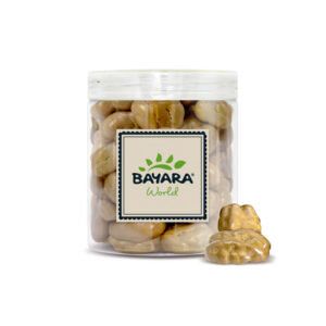 A 300g clear jar of Bayara Cappuccino Chocolate Coated Pecans showing golden-brown coffee-flavored chocolate treats.