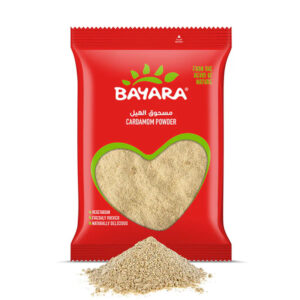 A 200g red pouch of Bayara Cardamom Powder showing the fine ground spice through a heart-shaped window.