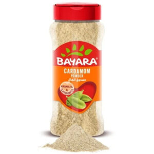 A 330ml shaker bottle of Bayara Cardamom Powder showing the finely ground light-colored spice.