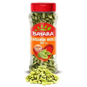 A large 330ml shaker bottle of Bayara Cardamom Whole with a red cap and an orange label showing green cardamom pods.