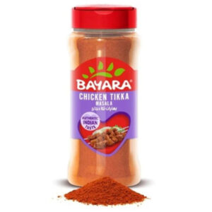 A 330ml shaker bottle of Bayara Chicken Tikka Masala with a red cap showing a deep orange spice powder for grilled chicken.