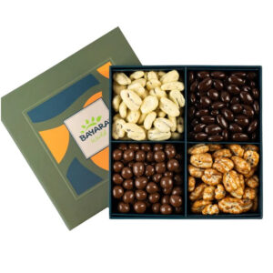 An open 4-section Bayara gift box filled with assorted white, dark, and milk chocolate coated nuts.