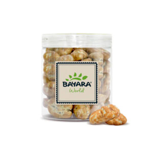 A 300g clear jar of Bayara Chocolate Coated Pecans showing whole roasted pecans covered in milk chocolate.