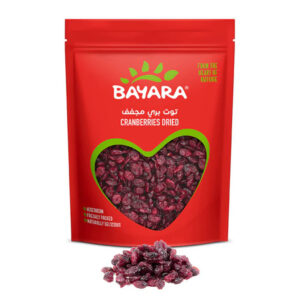 A 125g red pouch of Bayara Dried Cranberries showing vibrant red berries through a heart-shaped window.