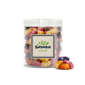 A 300g clear jar of Bayara Cranberry Chocolate Coated Mix showing colorful chocolate-covered berries in pink, orange, and purple.