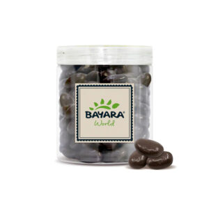 A 300g clear jar of Bayara Dark Chocolate Coated Almonds showing whole roasted almonds covered in smooth dark chocolate.