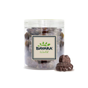 A 300g clear jar of Bayara Dark Chocolate Coated Pecans showing whole roasted pecans covered in smooth dark chocolate.
