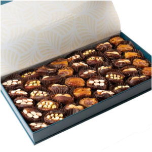 A large open teal gift box filled with 40 gourmet dates stuffed with assorted nuts and orange peel.