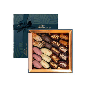 A medium-sized teal gift box with a ribbon, filled with assorted chocolate-coated and nut-stuffed gourmet dates.