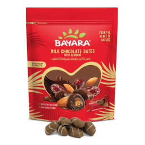 A 90g red resealable pouch of Bayara Milk Chocolate Dates with Almonds showing chocolate-covered dates and whole almonds.