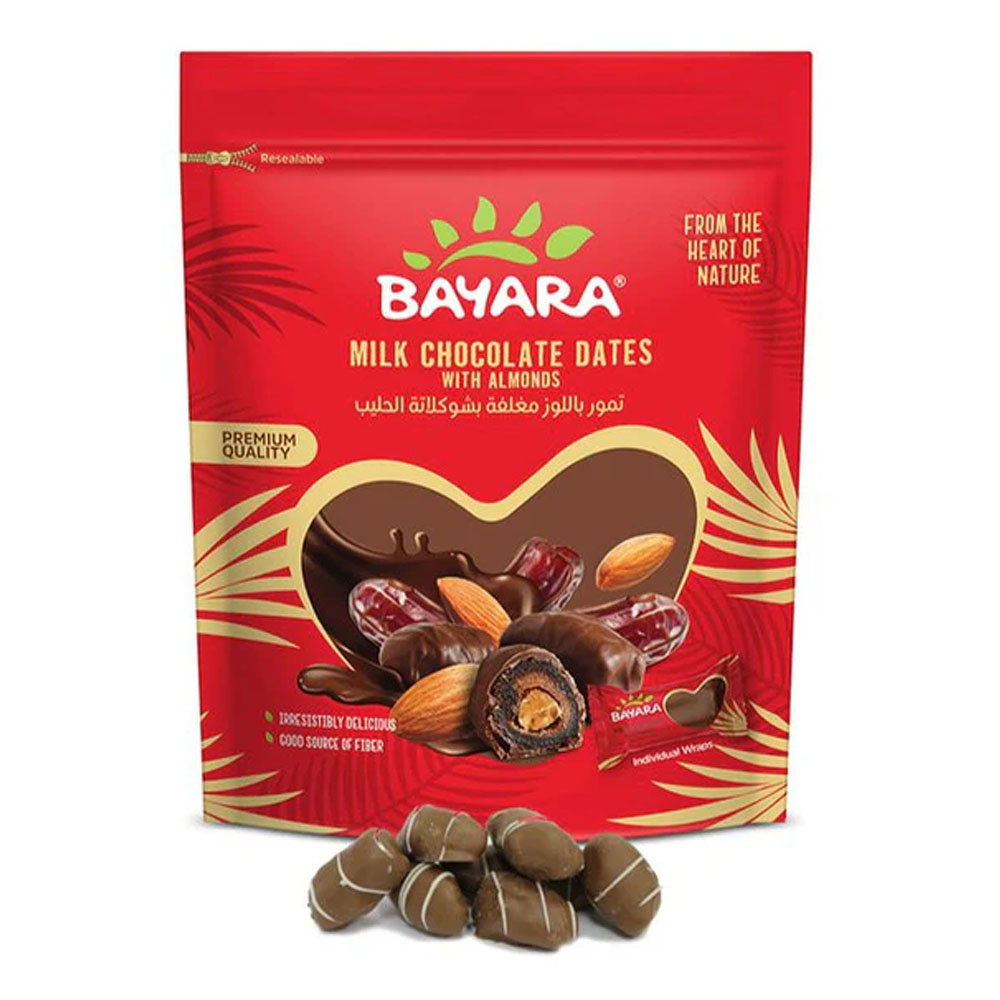 Dates With Almonds & Assorted Chocolate 90g A 90g red resealable pouch of Bayara Milk Chocolate Dates with Almonds showing chocolate-covered dates and whole almonds.