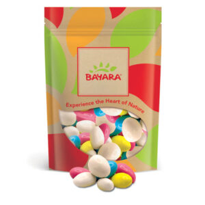 A 250g vibrant pouch of Bayara Assorted Milk Chocolate Almond Dragees showing colorful pink, white, blue, and yellow candy-coated nuts.
