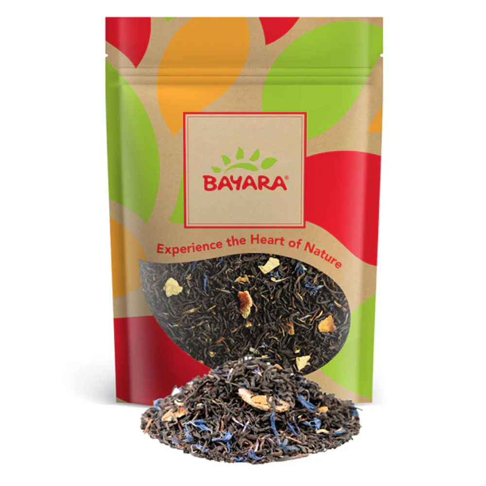 Earl Grey Tea Special 100g A 100g resealable pouch of Bayara Earl Grey Tea Special showing black tea leaves and blue petals through a window.
