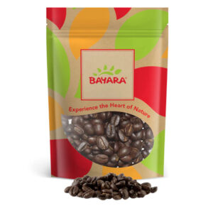 large 1kg vibrant pouch of Bayara Espresso Italiano Coffee showing dark-brown roasted beans through a clear window.