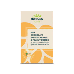 A 100g cream and orange Bayara World chocolate bar featuring a Milk-Chocolate Salted Caramel Peanut-Butter label and a "Premium Taste" seal.