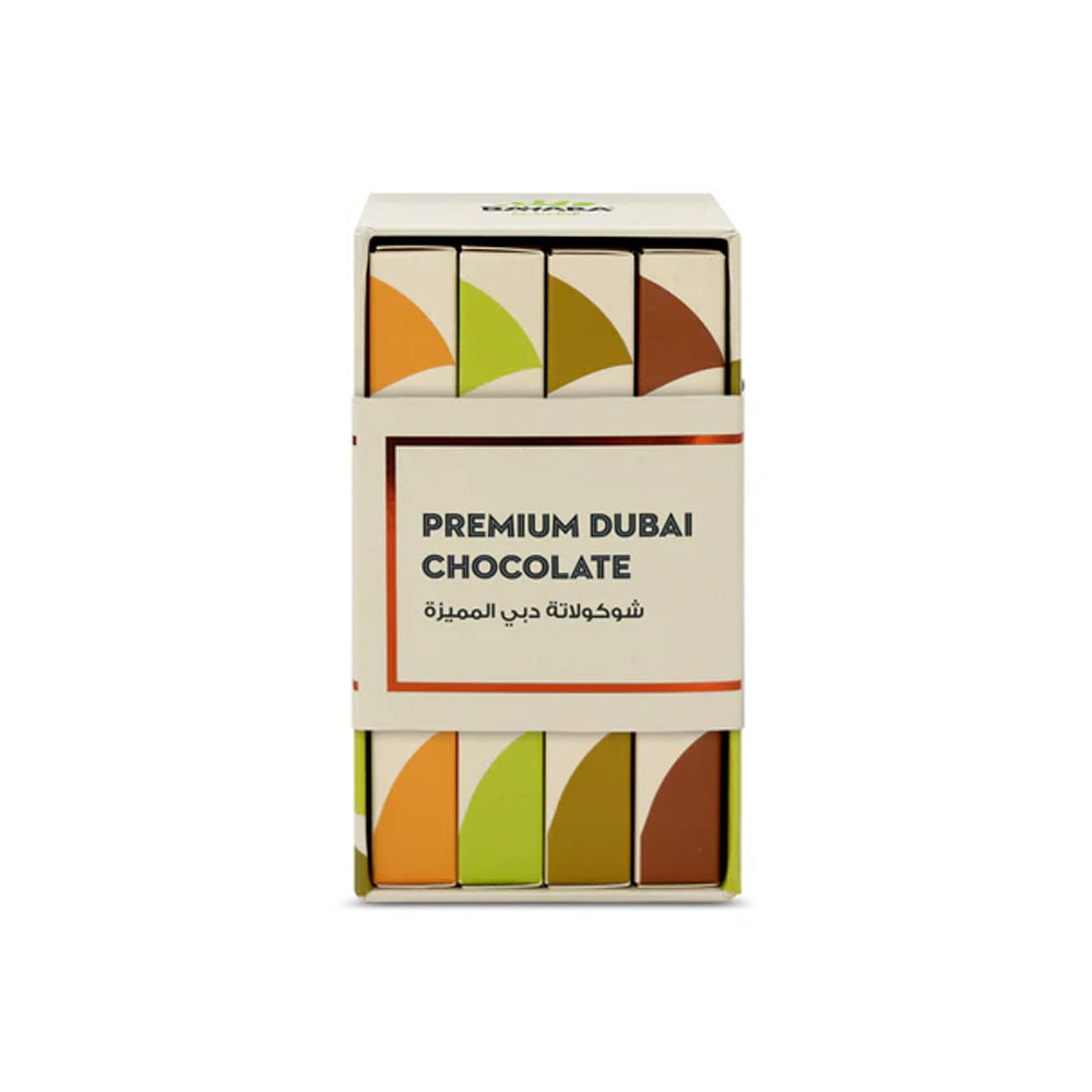 Filled Chocolate Bundle 4Pcs A boutique 4-piece bundle of Bayara Premium Dubai Chocolate filled bars in a branded sleeve.