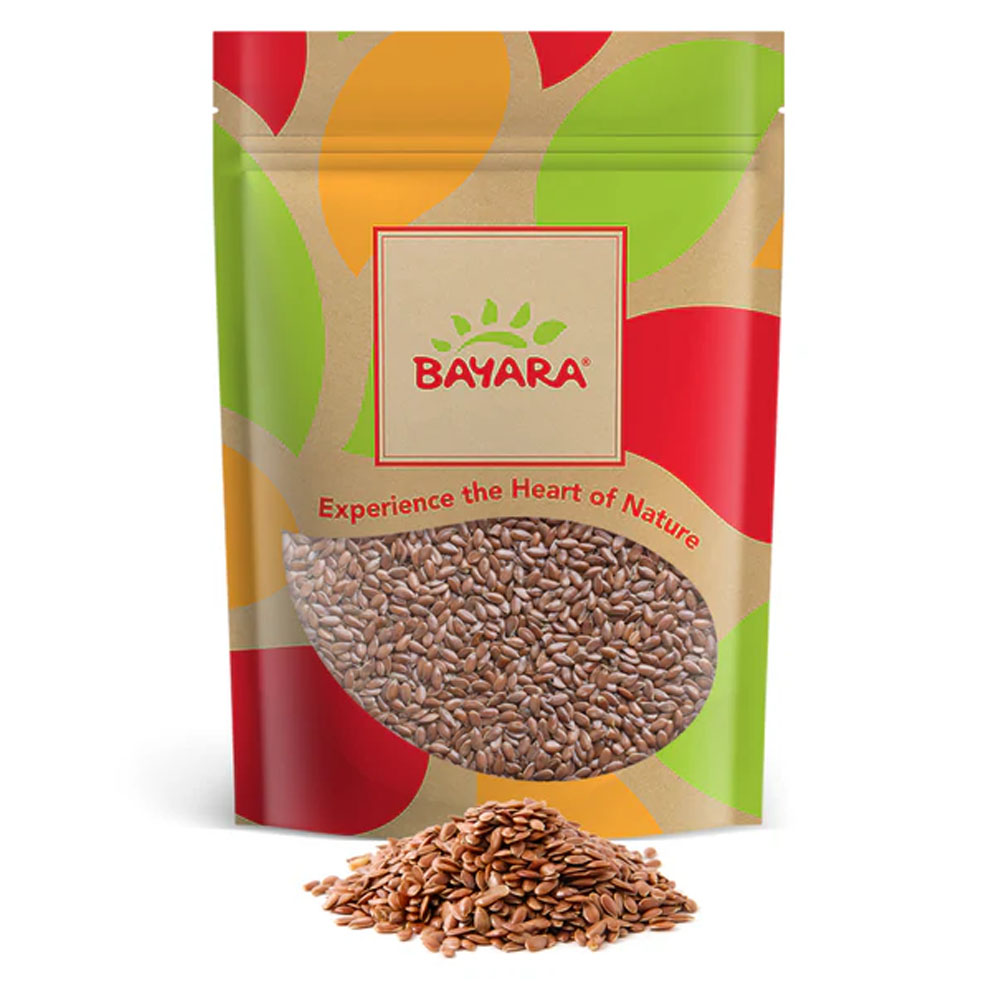 Flaxseeds Organic 250g A 250g colorful resealable pouch of Bayara Organic Flaxseeds showing brown seeds through a window.