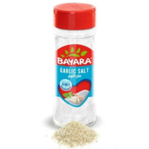 A 100ml shaker bottle of Bayara Garlic Salt with a red cap and a blue label showing fresh garlic cloves.