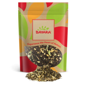A 100g colorful resealable pouch of Bayara Green Chai Tea showing tea leaves and spices through a window.