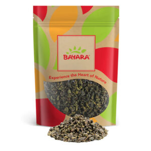 A 100g vibrant pouch of Bayara Jasmine Oolong Tea showing rolled tea leaves through a clear window.