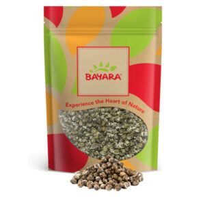 A 100g resealable pouch of Bayara Jasmine Pearl Tea showing small green tea pearls through a window.