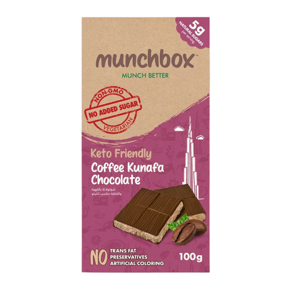 Keto Friendly Coffee Kunafa Chocolate No Added sugar 100g A 100g bar of Munchbox Keto Friendly Coffee Kunafa Chocolate showing a slice of chocolate with crunchy filling and coffee beans.