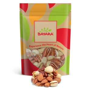 A 250g colorful pouch of Bayara Keto Mix showing whole pecans, macadamias, and pistachios through a window.