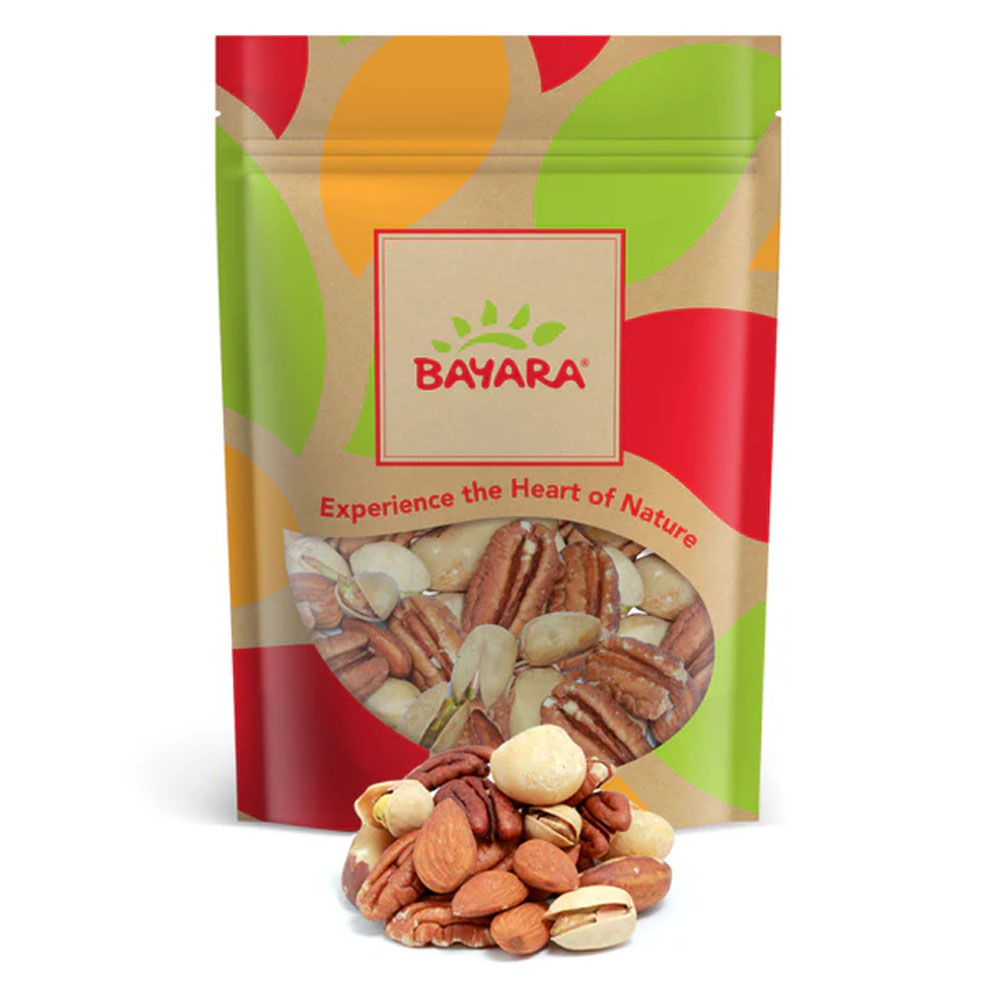 Keto Mix 250g A 250g colorful pouch of Bayara Keto Mix showing whole pecans, macadamias, and pistachios through a window.