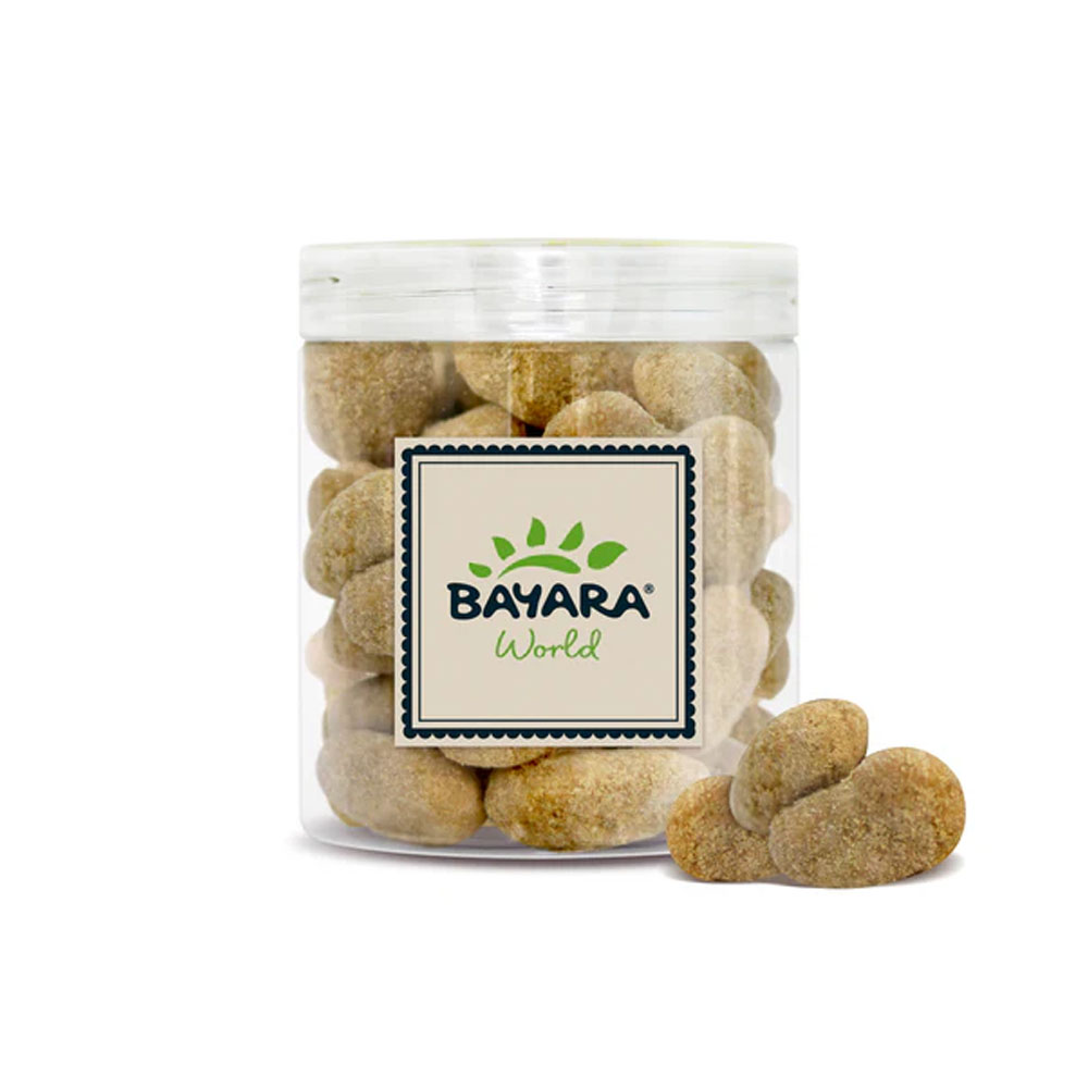 Lotus Chocolate Coated Pecans 300g A 300g clear jar of Bayara Lotus Chocolate Coated Pecans showing roasted pecans covered in biscuit-flavored chocolate.