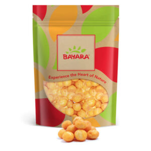 A 250g colorful resealable pouch of Bayara Premium Cheese Macadamia Nuts showing golden seasoned nuts through a window.