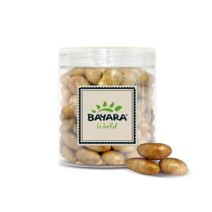 A 300g clear jar of Bayara Marble Chocolate Coated Almonds showing whole roasted almonds in a swirled chocolate finish.