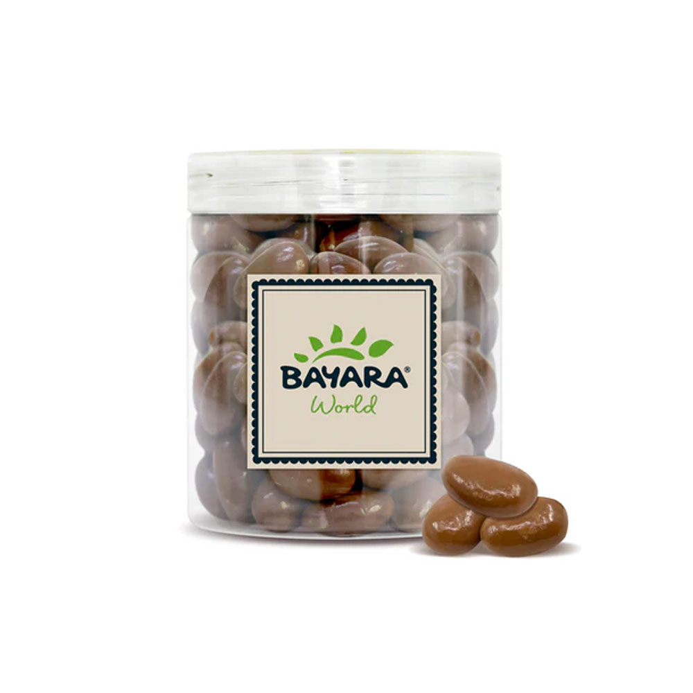 Milk Chocolate Coated Almond 300g A 300g clear jar of Bayara Milk Chocolate Coated Almonds showing whole nuts covered in smooth milk chocolate.