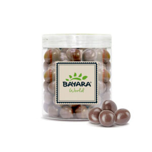 A 300g clear jar of Bayara Milk Chocolate Coated Hazelnuts showing roasted nuts covered in smooth milk chocolate.