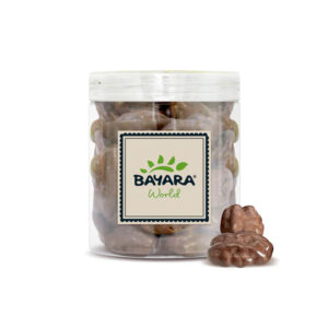 A 300g jar of Bayara Milk Chocolate Coated Pecans with two chocolate-covered nuts in front.