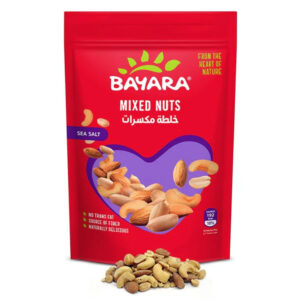 A 300g red pouch of Bayara Mixed Nuts showing assorted sea salted nuts through a heart-shaped window.