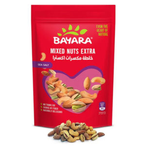 A 150g red resealable pouch of Bayara Mixed Nuts Extra showing roasted almonds and pistachios through a heart-shaped window.