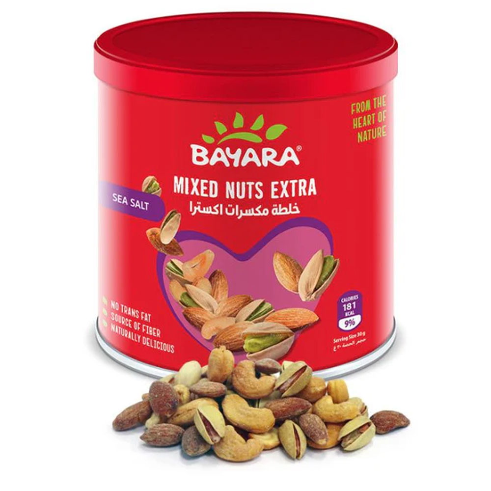 Mixed Nuts Extra Can 100g A 100g red can of Bayara Mixed Nuts Extra showing roasted almonds, cashews, and pistachios.