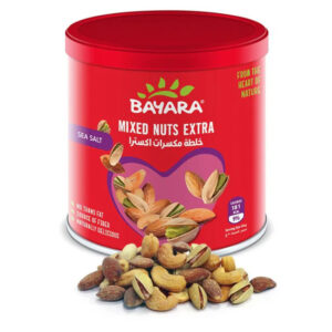 A 225g red can of Bayara Mixed Nuts Extra showing premium sea salted almonds, cashews, and pistachios.
