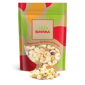 A 250g colorful resealable pouch of Bayara Mixed Nuts Unsalted showing roasted cashews and pistachios through a window.