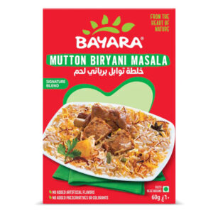 A 60g red box of Bayara Mutton Biryani Masala showing a delicious plate of mutton biryani with rice and meat.